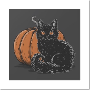 Black Kitten and Pumpkin Posters and Art